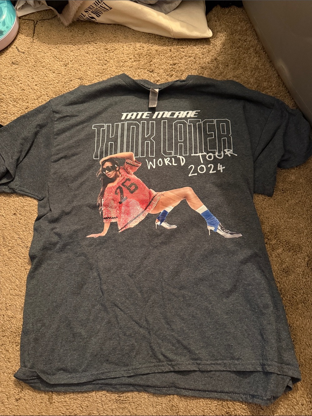 Gildan Charcoal Tee with Pink Graphic and Blue Accents